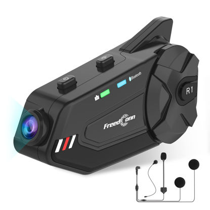 Picture of FreedConn Motorcycle Helmet Headset with Camera R1plus Helmet Intercom 1080P WiFi Motorcycle Communication Systems with CVC Noise Cancellation/Music Sharing /IP65 Waterproof(Comes with 64G TF Card)