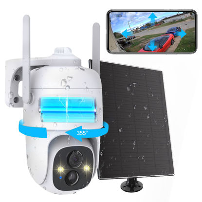 Picture of 2K PTZ Solar WiFi Security Camera with AI Motion, Color Night Vision, 360 View, Waterproof, Alarm - Rechargeable Battery