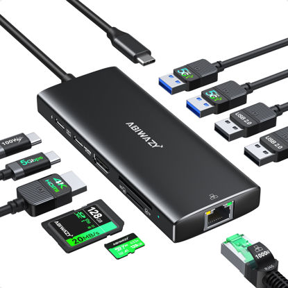 Picture of USB C Hub Multiport Adapter,10 in 1 USB C to USB HDMI Ethernet Hub USB C Dongle for MacBook Pro/Air, iPad Pro,Dell with 4K@60Hz HDMI+Ethernet+4USB+1USB-C Data Port+SD/TF Card Reader+100W PD (Black)