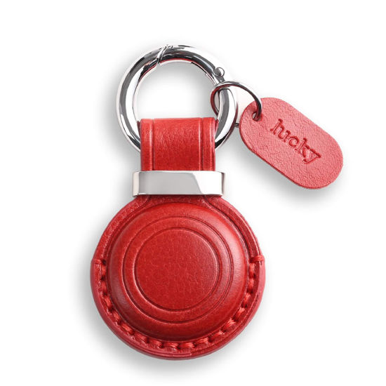Picture of Jayanes Genuine Leather AirTag Holder Keychain - Compatible with Apple AirTag Keychain Holder, Secure Hidden Air Tag Case Cover Key Ring Chain Fob Accessories - Dark Red