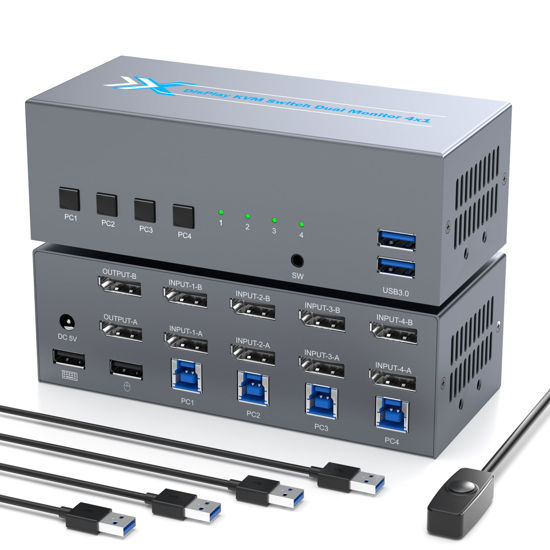 Picture of 8K@60Hz USB3.0 DisplayPort KVM Switch 2 Monitors 4 Computers 4K@120Hz Dual Monitor KVM Switch DisplayPort 1.4 KVM Switch Support Hotkey Switching with 1.5m Desktop Controller