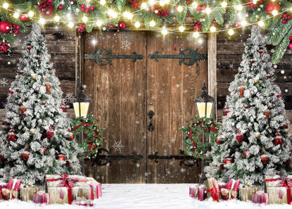 Picture of Alltten 7X5FT Christmas Photo Backdrop Rustic Barn Wood Door Christmas Backdrop Christmas Tree Gifts Decor Background Family Xmas New Year Party Supplies F103