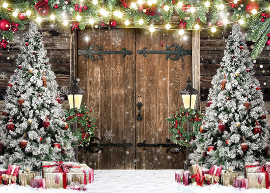 Picture of Alltten 7X5FT Christmas Photo Backdrop Rustic Barn Wood Door Christmas Backdrop Christmas Tree Gifts Decor Background Family Xmas New Year Party Supplies F103