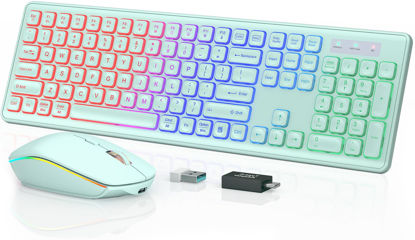 Picture of Wireless Keyboard and Mouse Combo - RGB Backlit, Rechargeable & Light Up Letters, Full-Size, Ergonomic Tilt Angle, Sleep Mode, 2.4GHz Quiet Keyboard Mouse for Mac, Windows, Laptop, PC, Mint Green