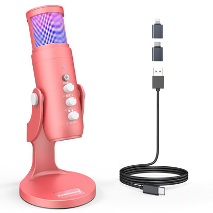Picture of ZealSound USB Gaming Microphone for iPhone PC Type C Phone,Noise Cancellation,K66 RGB Condenser Mic with Controllable Led Lights,Echo,Touch Mute,Monitor,Gain for Podcast,Gaming,Podcasting,ASMR (Pink)