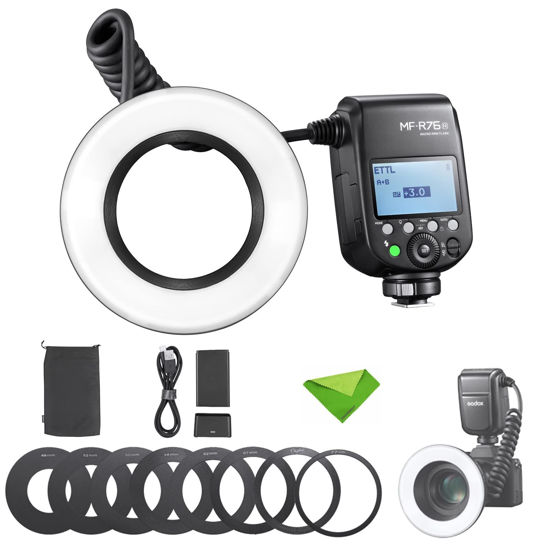 Picture of Godox MF-R76N TTL Macro Ring Flash 76Ws HSS 2.4G Wireless GN14 CCT 5900K 550 Full-Power Flashes, 0.1-1s Recycle Time Dual-Flash Tubes Speedlight for Nikon Cameras for Animal, Plant Photography, etc