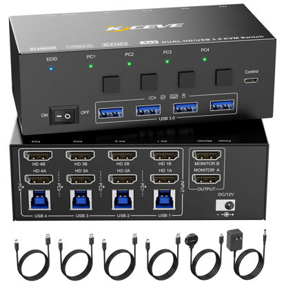 Picture of KVM Switch 2 Monitors 4 Computers HDMI, KCEVE 8K@60Hz, 4K@144 Hz USB 3.0 KVM Switcher Box with EDID Emulator for 4 Computers Share Mouse Keyboard and Monitor, Stable Chip, Great Compatibility
