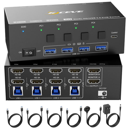 Picture of KVM Switch 2 Monitors 4 Computers HDMI, KCEVE 8K@60Hz, 4K@144 Hz USB 3.0 KVM Switcher Box with EDID Emulator for 4 Computers Share Mouse Keyboard and Monitor, Stable Chip, Great Compatibility