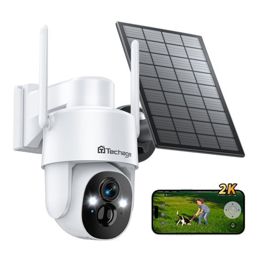 Picture of Techage 2K Solar Camera Outdoor Wireless, Security Camera Wireless Outdoor, Battery Powered cam with Spotlight, 2-Way Talk, PIR Motion Detection, Color Night Vision, 360° PTZ, Siren, Works with Alexa