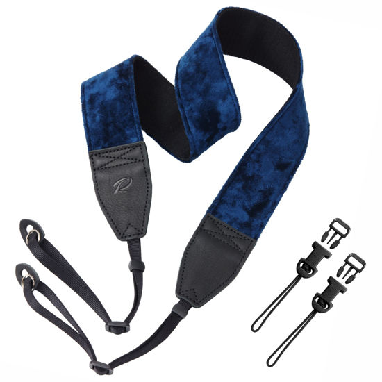 Picture of Padwa Lifestyle Velvet Camera Strap - 2" Wide Full Grain Cowhide Head Soft Velvet Straps for Photographers,Complimentary 2 Pcs Quick Release for All DSLR,Mirrorless Cameras,Binoculars - Dark Navy Blue