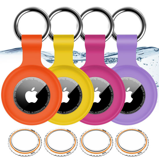 Picture of 4 Pack,IPX8 Waterproof Airtag Holder for Apple Air Tags with Air Tag Keychain,Shockproof GPS Cover [Anti-Scratch][PC+Silicone] Air-Tag Item Finders Case for Pets,Luggage-Yellow/Purple/Orange/Rose Red