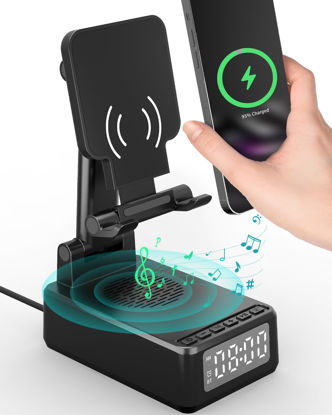Picture of Gifts for Men Cell Phone Stand with Wireless Bluetooth Speaker and Wireless Charger, Phone Charger Stand with Digital Alarm Clock for iPhone, Birthday Gifts for Men,Boyfriend,Dad,Women,Christmas