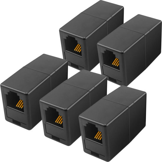 Picture of NECABLES 5Pack RJ11 Coupler Phone Line Connector Telephone Cord Adapter RJ11 6P4C Female to Female for Landline Phone and Fax Black