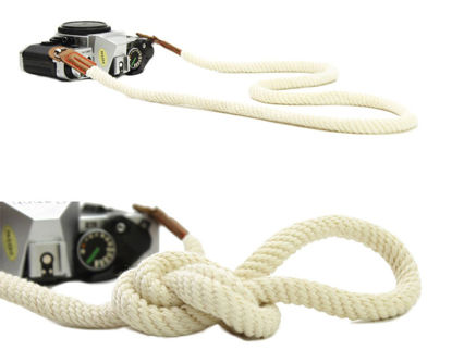 Picture of MINI GAGA DOROM Vintage Handmade Cotton Leather Camera Neck Strap for Leica Nikon Fuji Pentax Canon Panasonic Sony Long White