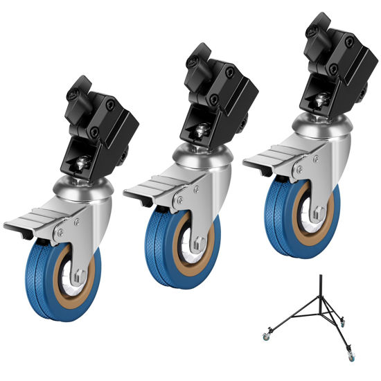 Picture of NEEWER Professional Swivel Caster Wheel Set, 3 Pack Nonslip 360° Rotation Rubber Wheel with Durable Iron Construction Foot Brake Lock Only for Heavy Duty Light Stand with ø0.9/22mm Legs, ST001