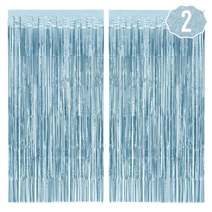 Picture of xo, Fetti Party Decorations Matte Blue Fringe Foil Curtain - Set of 2 | Bachelorette Bridal Shower Backdrop, Wedding, Birthday Photo Booth