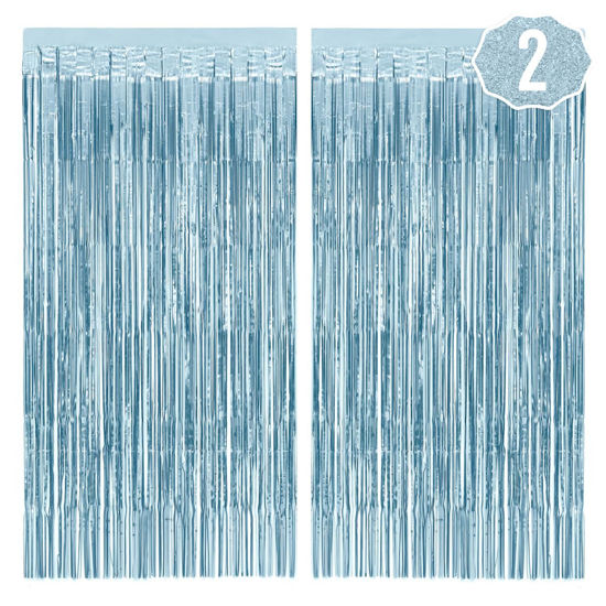 Picture of xo, Fetti Party Decorations Matte Blue Fringe Foil Curtain - Set of 2 | Bachelorette Bridal Shower Backdrop, Wedding, Birthday Photo Booth