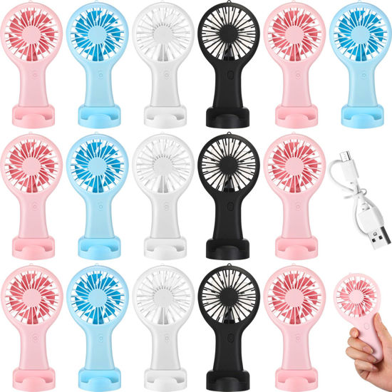 Picture of Woanger 24 Pcs Mini Handheld Fan Bulk USB Electric Fan with Data Cable and Mounting Base Battery Operated Small Fans Portable Fan 3 Speed Mini Fan Outdoor Summer Travel Gift (White, Pink, Blue, Black)