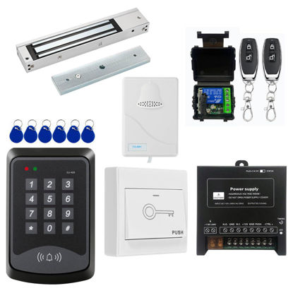 Picture of Door Access Control System RFID Keypad 600lb Electric Magnetic Door Lock Kit with Exit Button Doorbell Chime Remote Control