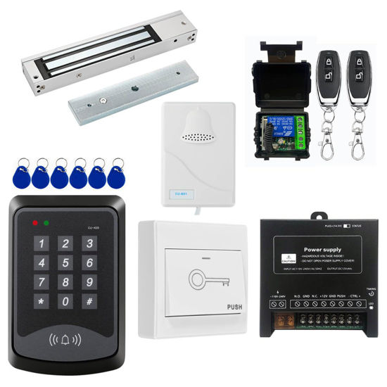 Picture of Door Access Control System RFID Keypad 600lb Electric Magnetic Door Lock Kit with Exit Button Doorbell Chime Remote Control