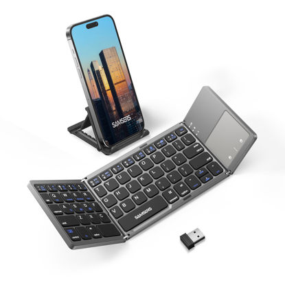 Picture of Samsers Multi-Device Foldable Bluetooth Keyboard with Touchpad Rechargeable Dual-Mode(2.4G+BTx2) Wireless Keyboard with Holder, Portable Ultra Slim Folding Keyboard for Android Windows iOS Mac OS