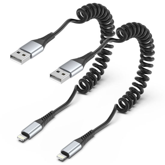 Picture of Coiled Lightning Cable, 2 Pack Coiled iPhone Charger Cable for Car Short Retractable iPhone Lightning Cable Compatible with Apple CarPlay iPhone 14 13 12 11 Pro Max Mini 10 8 Plus XR SE, AirPods
