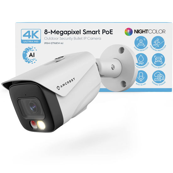 Picture of Amcrest UltraHD 4K (8MP) IP PoE AI Camera, FOV 129°, 49ft Color Nightvision, Security Outdoor Bullet Camera, Human & Vehicle Detection, Active Deterrent, 4K @15fps, IP8M-2796EW-AI (White)