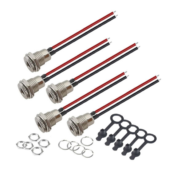 Picture of Eightnoo 5Pcs 5.5 x 2.1 mm DC Power Jack Socket, Real 18AWG 20cm DC Power Cord Barrel Connectors Threaded Female Panel Mount Sockets Adapter with Dust Caps for CCTV Security Camera