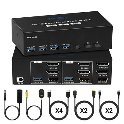 Picture of KVM Switch for 3 Monitors 2 Computers, USB 3.0 8K@60Hz 4K@120Hz Three Monitor 2 DP + 1 HDMI for 2 PC Share 3 Monitor and USB Keyboard Mouse Printer, 4 DP Cables / 2 HDMI Cables / 2 USB Cables Included