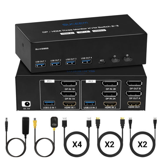 Picture of KVM Switch for 3 Monitors 2 Computers, USB 3.0 8K@60Hz 4K@120Hz Three Monitor 2 DP + 1 HDMI for 2 PC Share 3 Monitor and USB Keyboard Mouse Printer, 4 DP Cables / 2 HDMI Cables / 2 USB Cables Included