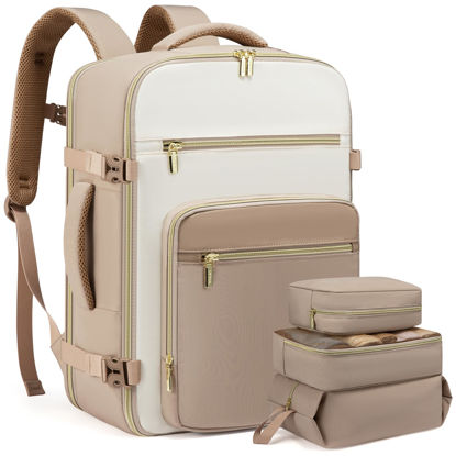 Picture of LOVEVOOK Travel Backpack For Women,40L Carry On Backpack Flight Approved,TSA Personal Item Travel Bag Fits 17 Inch Laptop,Weekender Overnight Daypack with Toiletry Bag and Cube,White Light-brown