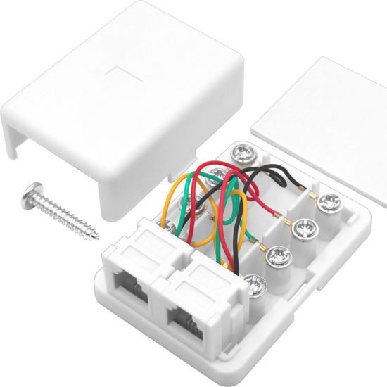 Picture of NECABLES Phone Jack Surface Mount Dual Port for 2 Phone Line Telephone Jack Box 8 Screw Terminals to 2 RJ11 6P4C Female White