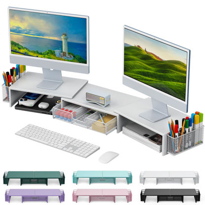 Picture of gianotter Dual Monitor Stand Riser, Desk Organizer With Drawer and 2 Pen Holders, Desk Accessories & Workspace Organizers, Monitor Stand for Desk, Office Decor Essentials (White)