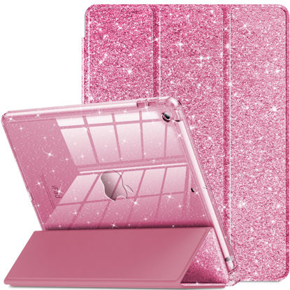 Picture of INFILAND for iPad 9th Generation 2021/ iPad 8th Generation 2020/ iPad 7th Generation 2019 Case 10.2 inch, Glitter Cover with Clear Back, Pencil Holder for Kids Girls, Pink