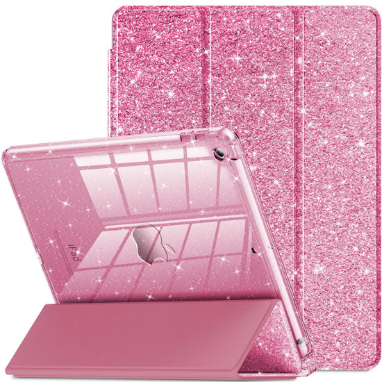 Picture of INFILAND for iPad 9th Generation 2021/ iPad 8th Generation 2020/ iPad 7th Generation 2019 Case 10.2 inch, Glitter Cover with Clear Back, Pencil Holder for Kids Girls, Pink