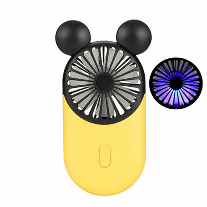 Picture of Kbinter Cute Personal Mini Fan, Handheld & Portable USB Rechargeable Fan with Beautiful LED Light, 3 Adjustable Speeds, Portable Holder, for Indoor Or Outdoor Activities, Cute Mouse (Yellow)