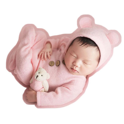 Picture of Zeroest Newborn Photography Props Boy Outfits Baby Photo Shoot Prop Outfit Bebe Boy Picture Bear Hat Footed Romper Set Costume (Pink)