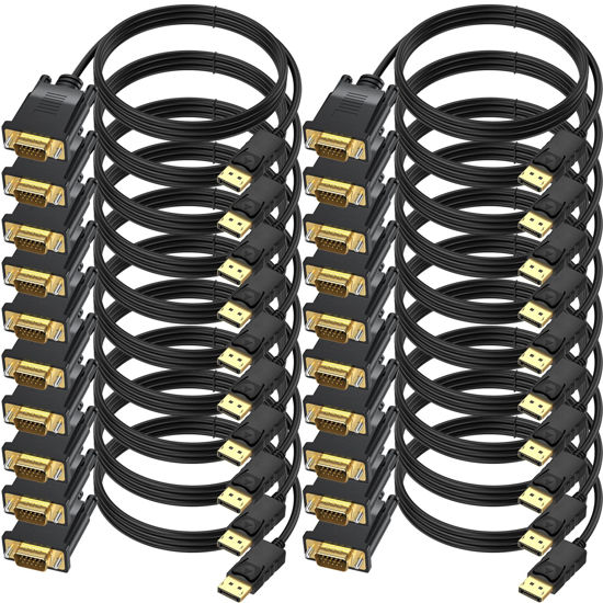 Picture of DisplayPort to VGA Cable 6 FT, 20-Pack Display Port DP to VGA Adapter Cord Male to Male HD Video 1080P for Computer, Monitor, TV, Projector