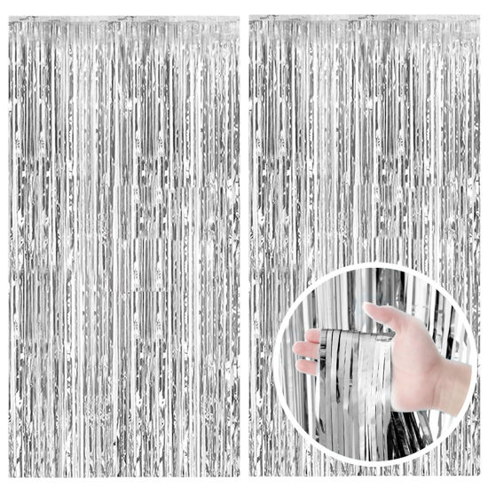 Picture of 2 Pack Silver Backdrop Curtain Party Decorations Foil Fringe Backdrop Silver Tinsel Streamers Birthday Bachelorette New Year Christmas Wedding Baby Shower Disco Party Decorations
