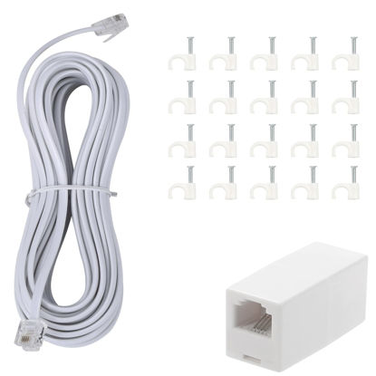 Picture of TOYAYAYO Long Telephone Extension Cord Phone Cable Line Wire, with Standard RJ11 Plug and 1 in-Line Couplers and 20 Cable Clip Holders-White (25feet)