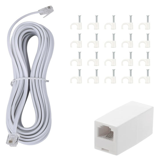 Picture of TOYAYAYO Long Telephone Extension Cord Phone Cable Line Wire, with Standard RJ11 Plug and 1 in-Line Couplers and 20 Cable Clip Holders-White (25feet)