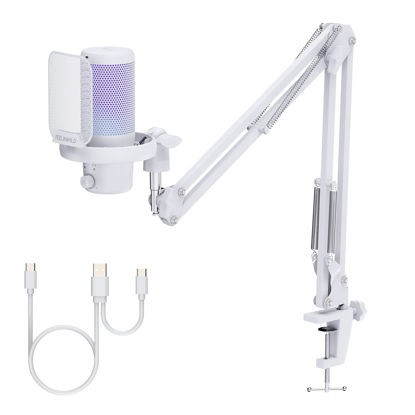 Picture of FEELWORLD VM1 White Gaming PC USB Microphone Condenser Mic with Noise Cancellation Mute RGB Light, Computer Accessories for Gamer YouTube Twitch Podcast Streaming Recording Online Chat PS4 PS5