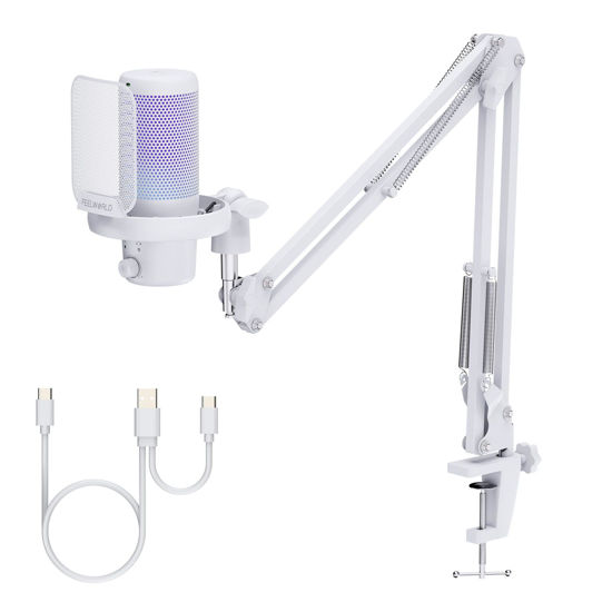 Picture of FEELWORLD VM1 White Gaming PC USB Microphone Condenser Mic with Noise Cancellation Mute RGB Light, Computer Accessories for Gamer YouTube Twitch Podcast Streaming Recording Online Chat PS4 PS5