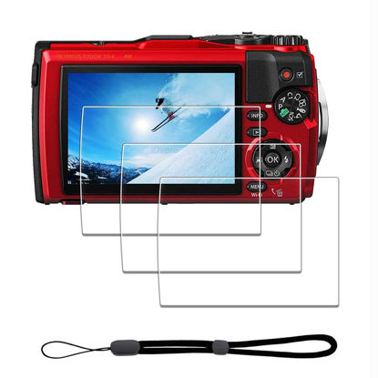 Picture of iDaPro Screen Protector for Olympus TG-7 TG-6 TG-5 TG-4 TG6 TG5 TG4 Red Black + Hand Lanyard [3+1 Pack] Tempered Glass Easy Installation