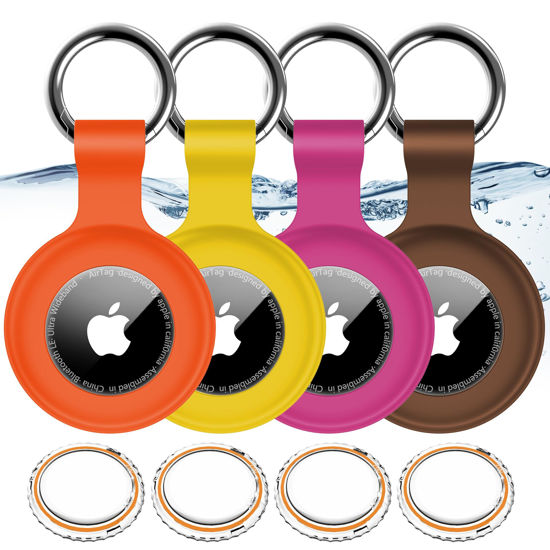 Picture of 4 Pack,IPX8 Waterproof Airtag Holder for Apple Air Tags with Air Tag Keychain,Shockproof GPS Cover [Anti-Scratch] [PC+Silicone] Air-Tag Item Finders Case for Pets,Luggage-Yellow/Brown/Orange/Rose Red