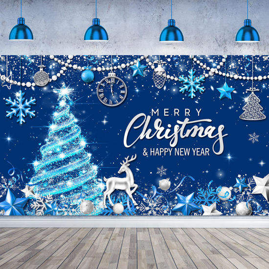 Picture of Tiamon Merry Christmas Party Backdrop Christmas Banner Background Xmas Tree New Years Eve Photography Background for Christmas New Years Eve Party Decoration Supplies (Blue Gold, 72.8 x 43.3 Inch)