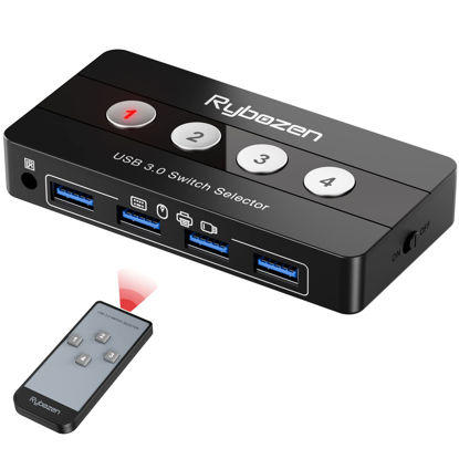 Picture of Jancane USB 3.0 Switch Selector, 4 Port KVM Switch USB Peripheral Switcher Box, 4 Computers Sharing 4 USB Devices, Button Switch & Remote Control