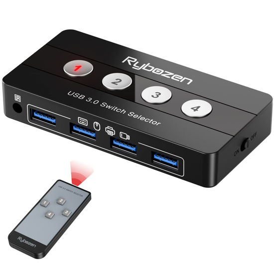 Picture of Jancane USB 3.0 Switch Selector, 4 Port KVM Switch USB Peripheral Switcher Box, 4 Computers Sharing 4 USB Devices, Button Switch & Remote Control