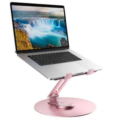 Picture of Swivel Laptop Stand for Desk, Adjustable Height Aluminum Computer Stand with 360 Rotating Base, Foldable Ergonomic Riser, Portable Laptop Holder Compatible with MacBook, All Laptops 10-17'', Pink