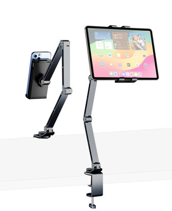 Picture of HIBORI iPad Mount for Desk Aluminum Alloy Tablet Stand Foldable Overhead Arm Holder Mount Fits for 4.7-15.6" Screen Phone,Kindle,Fire HD,Monitor,iPad,Galaxy Tab Series (Gray)